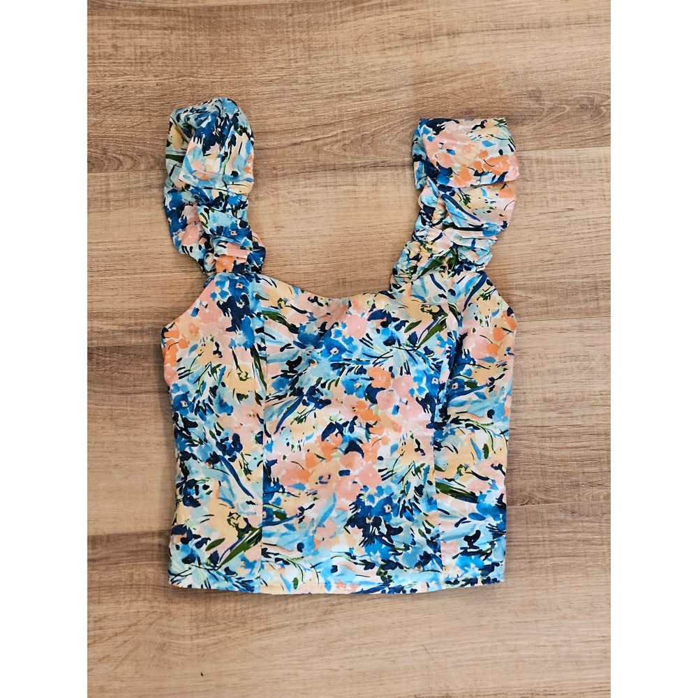 Abercrombie & Fitch Women's XS Floral Crop Top Ruched Puff Strap Square Neck